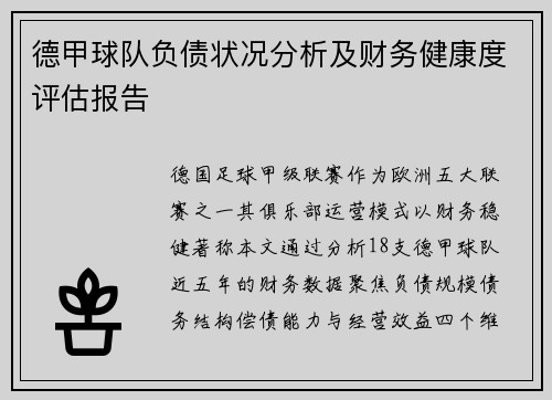 德甲球队负债状况分析及财务健康度评估报告