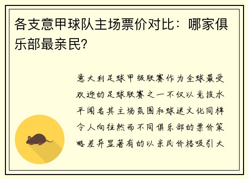 各支意甲球队主场票价对比：哪家俱乐部最亲民？