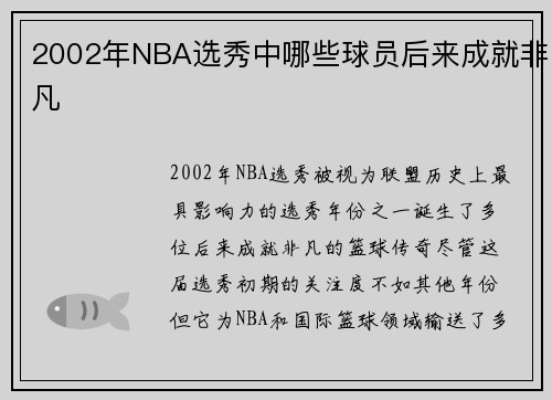 2002年NBA选秀中哪些球员后来成就非凡